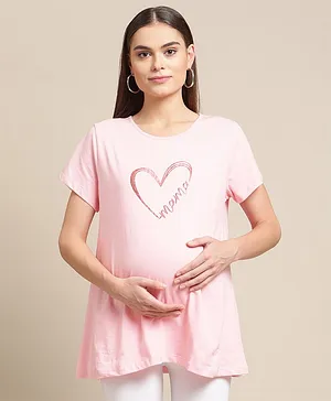 Bella Mama Half Sleeves Maternity Top Heart Print - Pink