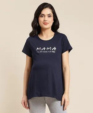 Bella Mama Half Sleeves Maternity Top with Side Panels Text Print - Blue