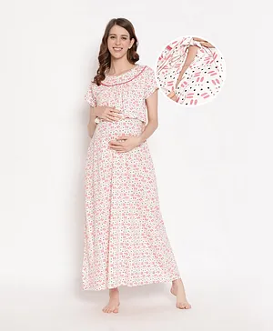 Bella Mama Half Sleeves Nursing Floral Print Nighty With Cover Up - Beige