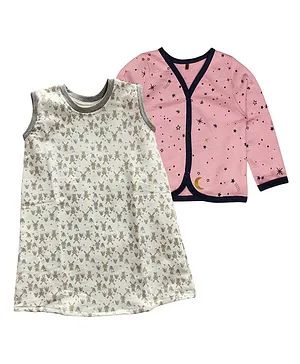 Kadam Baby Sleeveless Bunny Print Dress With Shrug - Pink & Grey
