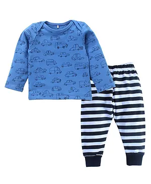 Kadam Baby Vehicle Print Full Sleeves Tee With Pyjama - Blue & Black