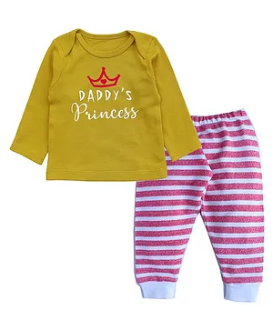 Kadam Baby Daddy's Princess Print Full Sleeves Tee With Pyjama - Yellow