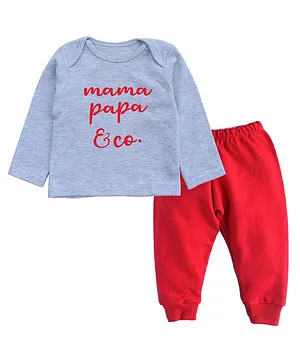 Kadam Baby Mama Papa Print Full Sleeves Tee With Pyjama - Grey & Red
