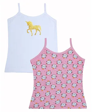 D'chica Set Of 2 Sleeveless Kitty & Lion Print Camisoles - White Pink