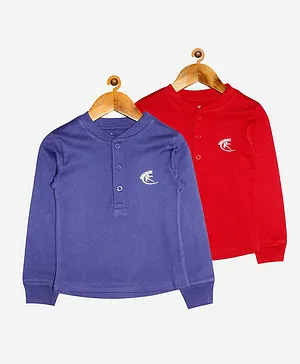 Kiddopanti Pack Of 2 Full Sleeves Solid Colour Henley Tee - Blue & Red