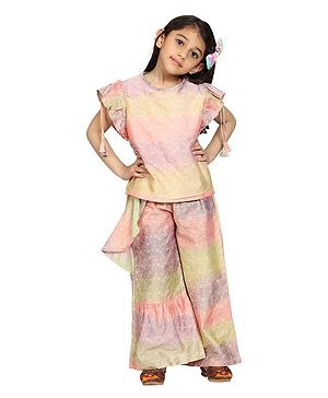 Kiddopanti Flower Print Frill Sleeves Top & Palazzo Pant Set - Peach & Green