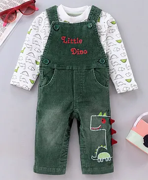 Wonderchild Full Sleeves Dino Print Tee With Dungaree - Green