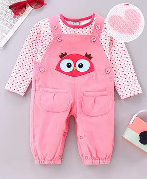 Wonderchild Full Sleeves Heart Print Tee With Owl Patch Dungaree - Pink