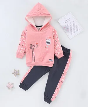 Little Darlings Full Sleeves Winter Wear Hooded Tee & Lounge Pant Printed - Pink