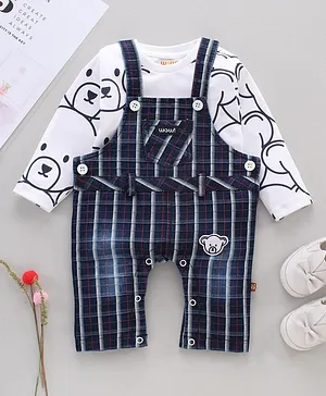 WOW Full Sleeves Checks Dungaree Style Romper with Inner Tee Bear Print - Indigo Red