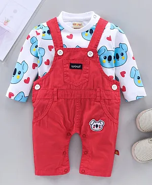 WOW Full Sleeves Solid Dungaree Style Romper with Inner Tee Piggy Print - Cherry