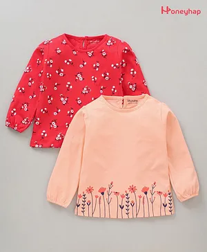 Honeyhap Full Sleeves Tops With Antimicrobial Silvadur Finish Floral Print Pack of 2 - Peach & Red