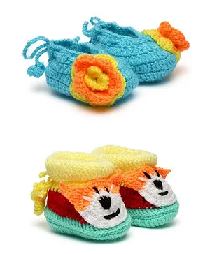 MayRa Knits Pack Of 2 Pair Of Flower & Animal Design Booties - Blue