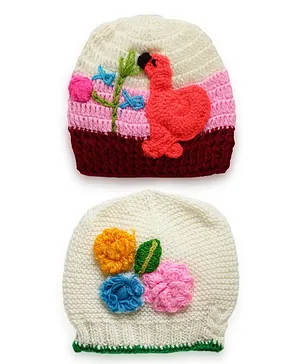 MayRa Knits Pack Of 2 Hand Knitted Floral Design Caps - Cream