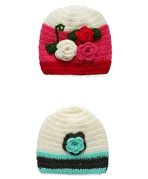 MayRa Knits Pack Of 2 Hand Knitted Floral Design Caps - Cream