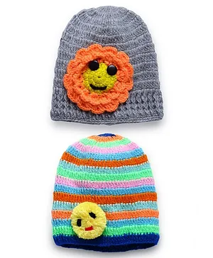 MayRa Knits Pack Of 2 Hand Knitted Floral Design Caps - Multi Colour