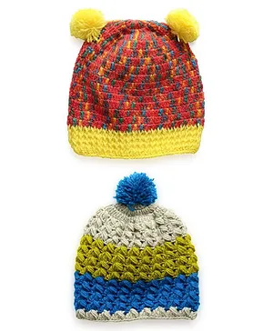 MayRa Knits Pack Of 2 Hand Knitted Pom Pom Detailing Caps - Multi Colour