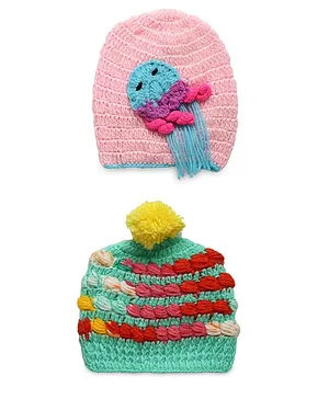 MayRa Knits Pack Of 2 Jelly Fish Design Hand Knitted Caps - Multi Colour