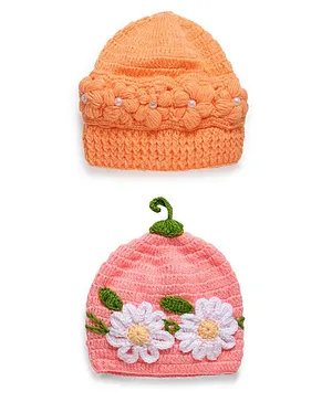 MayRa Knits Pack Of 2 Hand Knitted Floral Design Caps - Orange & Pink