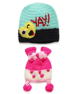 MayRa Knits Hand Knitted Emoji & Bow Design Set Of 2 Caps - Multi Color