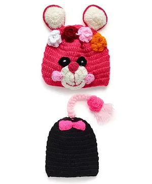 MayRa Knits Hand Knitted Set Of 2 Bunny Design Caps - Pink Black