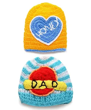 MayRa Knits Hand Knitted Heart Design Set Of 2 Caps - Yellow