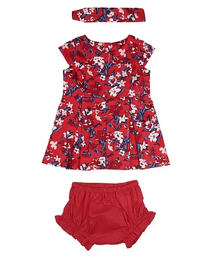 Allen Solly Juniors Cap Sleeves Pleated Frock With Bloomer & Headband Floral Print - Red