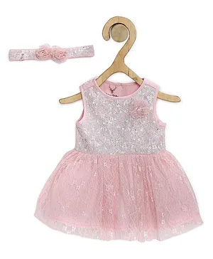 Allen Solly Juniors Sleeveless Embellished Frock with Headband - Pink