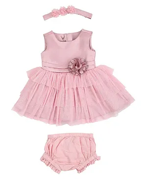 Allen Solly Juniors Sleeveless Frock with Bloomer & Headband Floral Applique - Pink