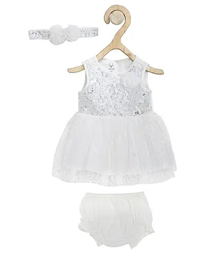 Allen Solly Juniors Sleeveless Frock with Bloomer & Headband Floral Applique - White