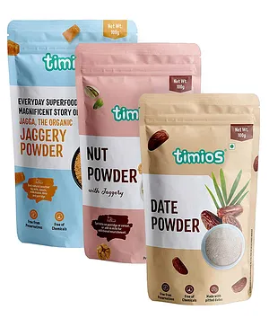 Timios Jaggery Powder Pack of 2-100 gm Each & Timios Nut Powder  For Kids and Adults-100g & Timios Organic Date Powder For Kids, Expecting Mothers and Adults-100g