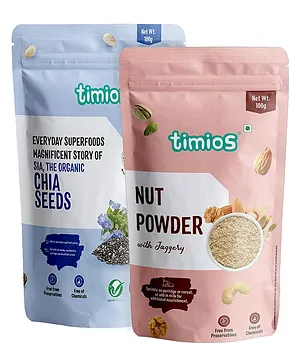 Timios Organic Chia Seeds-100 gm & Timios Vitamin and Mineral Rich Nut Powder Made with Jaggery for sweetness Rich In Anti Oxidants For Kids and Adults -100g