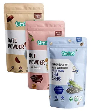 Timios Organic Chia Seeds - 100 gm & Timios Nut Powder For Kids and Adults - 100g & Timios Organic Date Powder For Kids Expecting Mothers and Adults - 100g