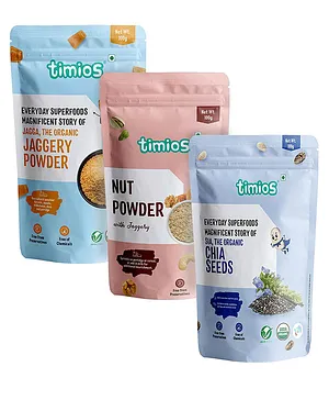 Timios Organic Chia Seeds-100 gm & Timios Nut Powder For Kids and Adults-100g & Timios Jaggery Powder Pack of 2-100 gm Each