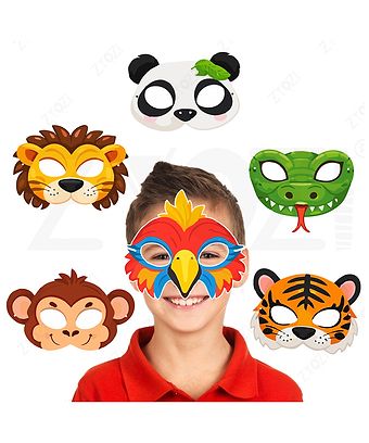 Zyozi Animal Theme Face Masks for Kids, Jungle Theme Birthday Party Masks-Multicolor 6 Pcs