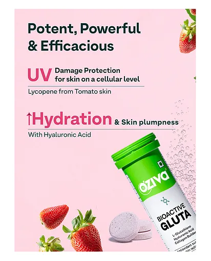 oziva bioactive glutathione Gluta with L-Glutathione to Reduce Pigmentation Tablets, Strawberry Store in a cool OZiva | Here's what makes
