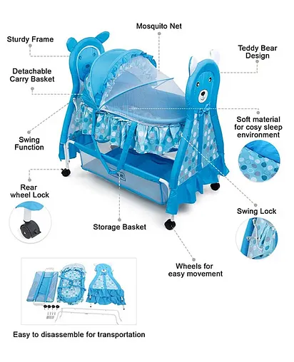Babyhug Love Teddy Print Bassinet with Swing Lock Function and