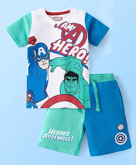 Babyhug Marvel Single Jersey Knit Half Sleeves T-Shirt And Shorts Set with Avengers Graphics - White Blue & Green