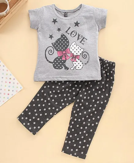 Enfance Core Short Sleeves Cat Printed Tess With Polka Dot Pant Night Suit - Grey