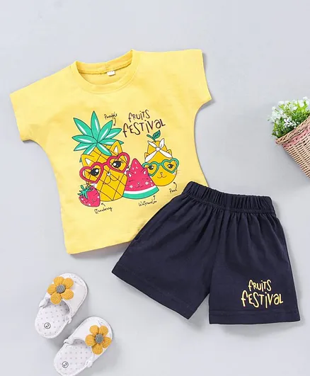 Enfance Core Short Sleeves Fruit Print Tee With Shorts - Yellow