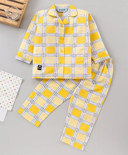 Enfance Core Full Sleeves Checked Night Suit - Yellow