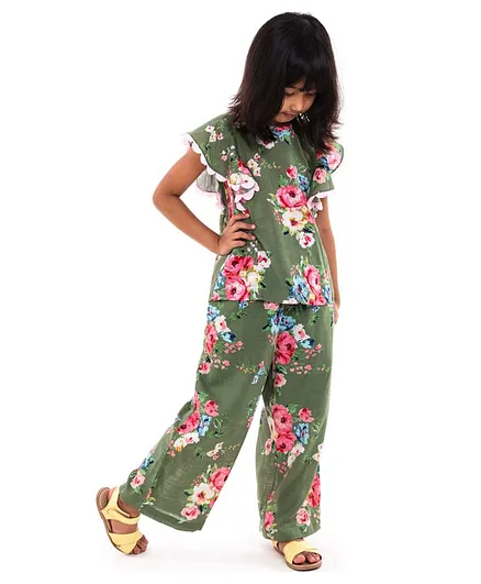 A Little Fable Short Sleeves Floral Print Top With Pants - Green
