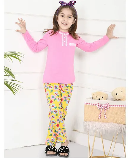 Lilpicks Couture Flower Printed Full Sleeves Night Suit - Pink Yellow