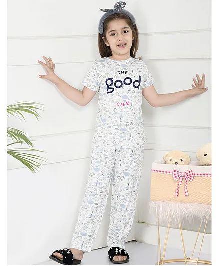 Lilpicks Couture Half Sleeves The Good Life Overall Print Night Suit - White