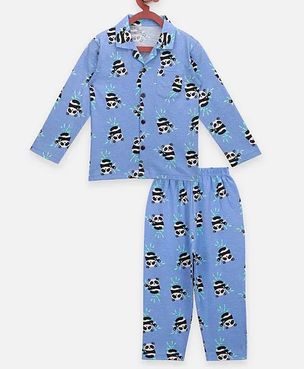 Lilpicks Couture Full Sleeves Panda Print Collar Overall Night Suit - Blue