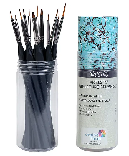 Brustru Artists Watercolour & Acrylic Miniature Brush Pack of 12 - Black