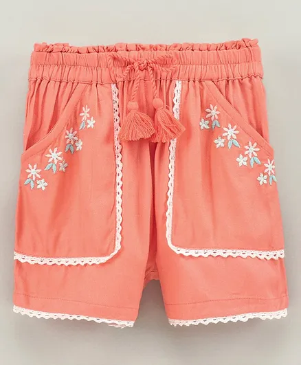 Babyoye Cotton Shorts Floral Embroidery - Coral