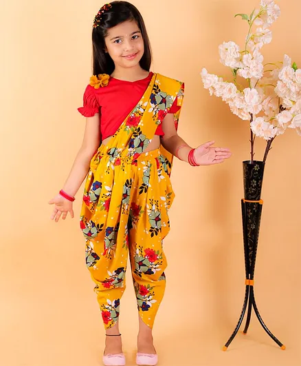 M'andy Short Sleeves Top With Floral Print Saree Style Dhoti - Yellow