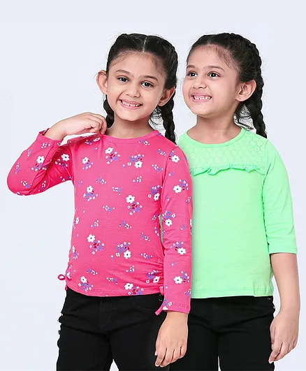 Honeyhap Full Sleeves Top With Antimicrobial Silvadur Finish Floral Print Pack of 2 - Green & Pink