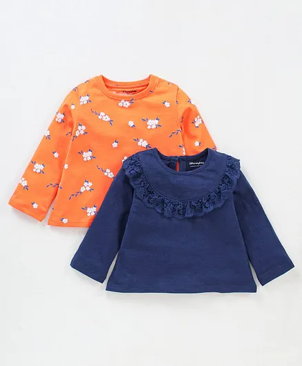 Honeyhap Full Sleeves 100% Cotton Silvadur Anti-microbial Finish Tops Floral Print Pack of 2 - Navy Orange